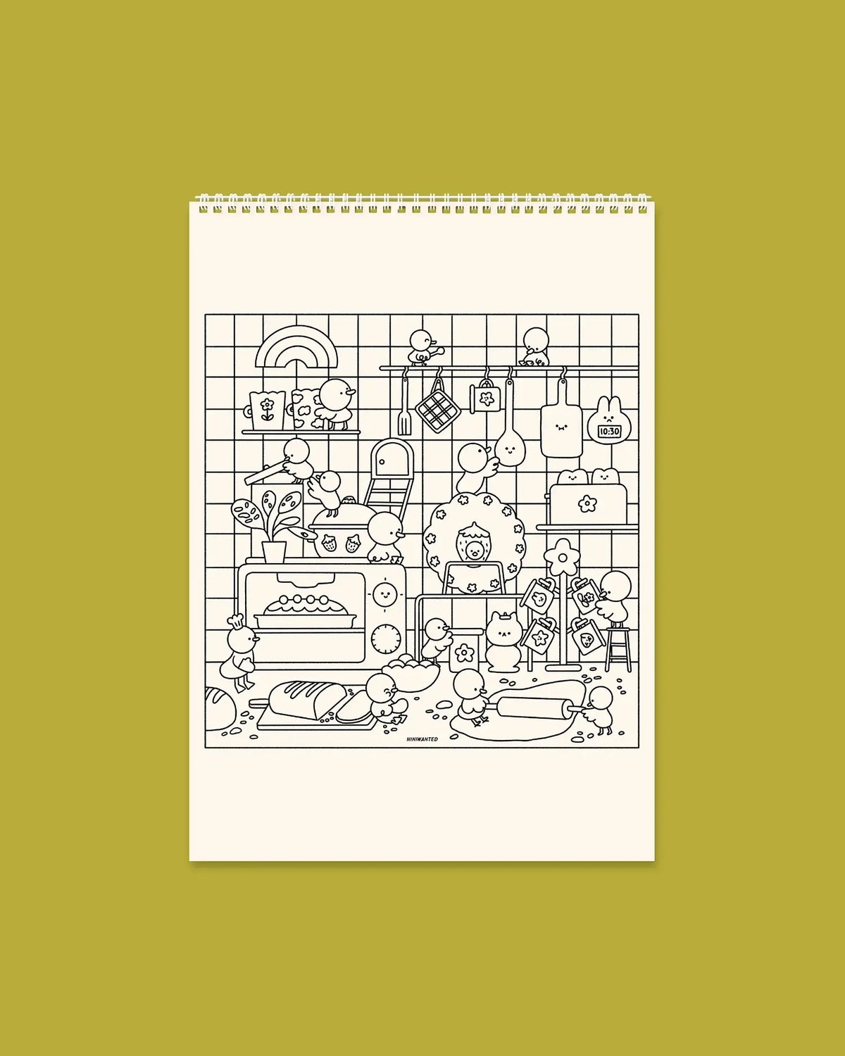 Happy Days coloring book page with black-and-white kitchen shop shelves and utensils line art