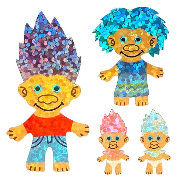Glitter troll sticker set: large blue head troll and two smaller characters