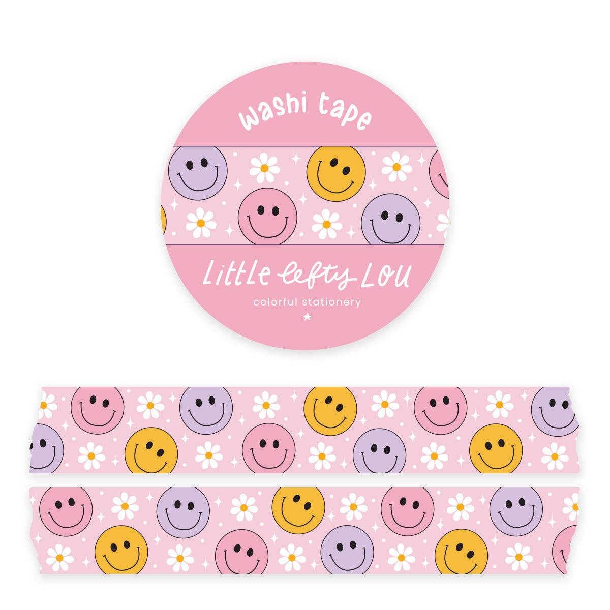 Pastel washi tape roll and strip with smiley faces, white daisies, pink stripes