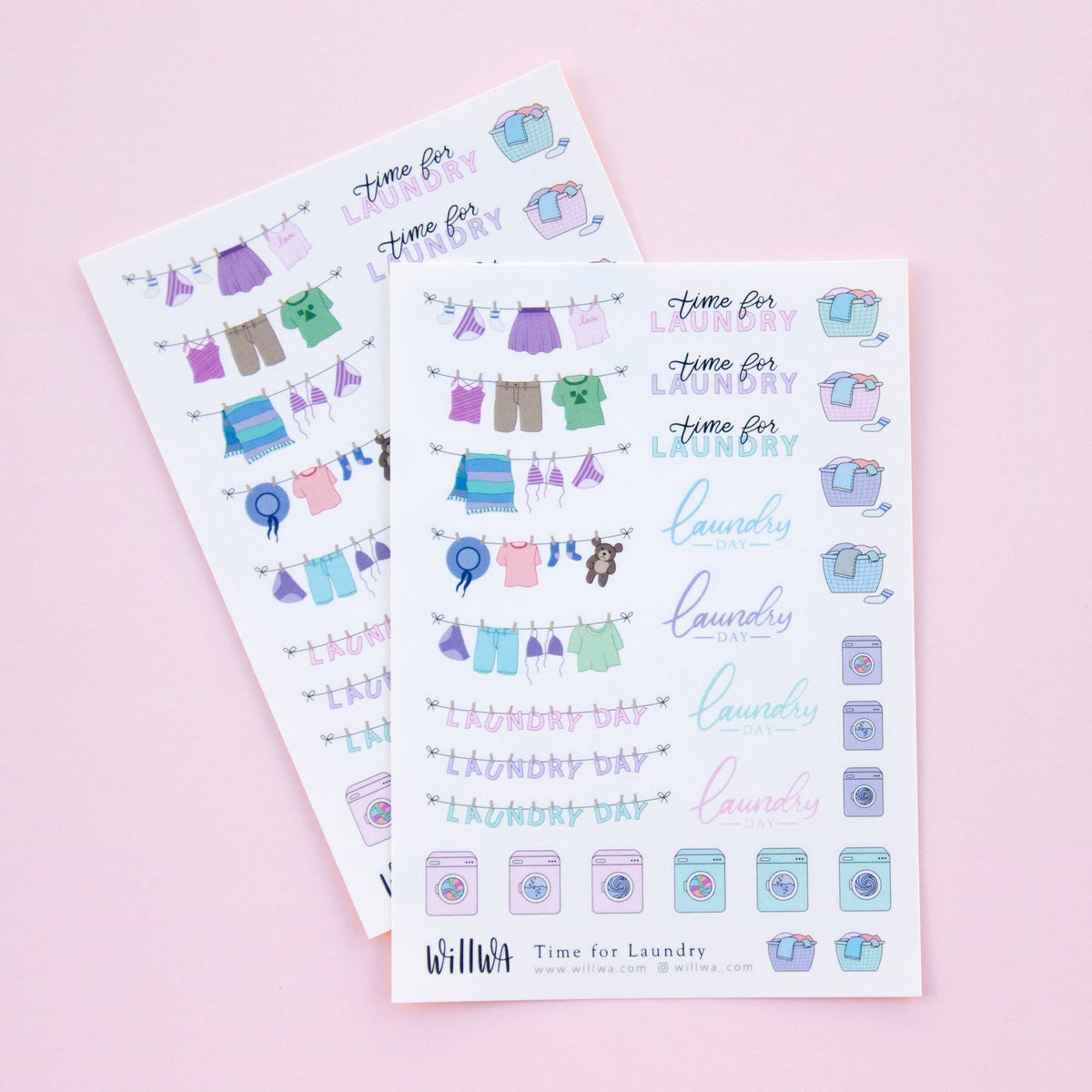 Set of two laundry sticker sheets with clothesline, laundry day text, and washing icons