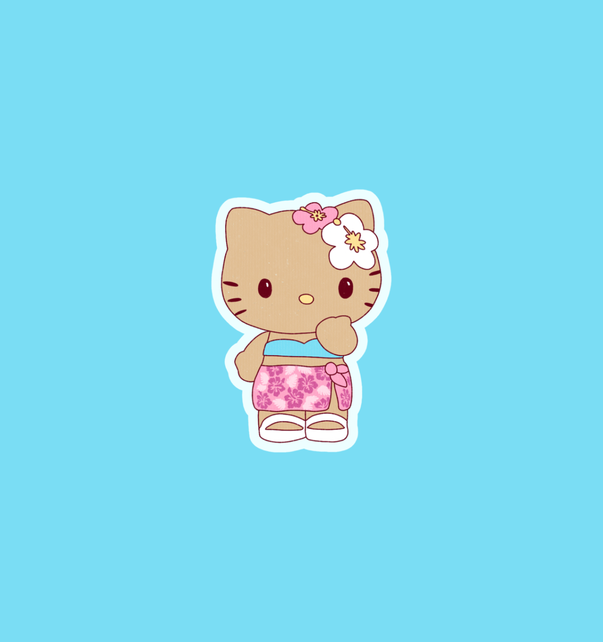 Holographic Hawaiian sticker of a cat with pink flower crown and floral shirt