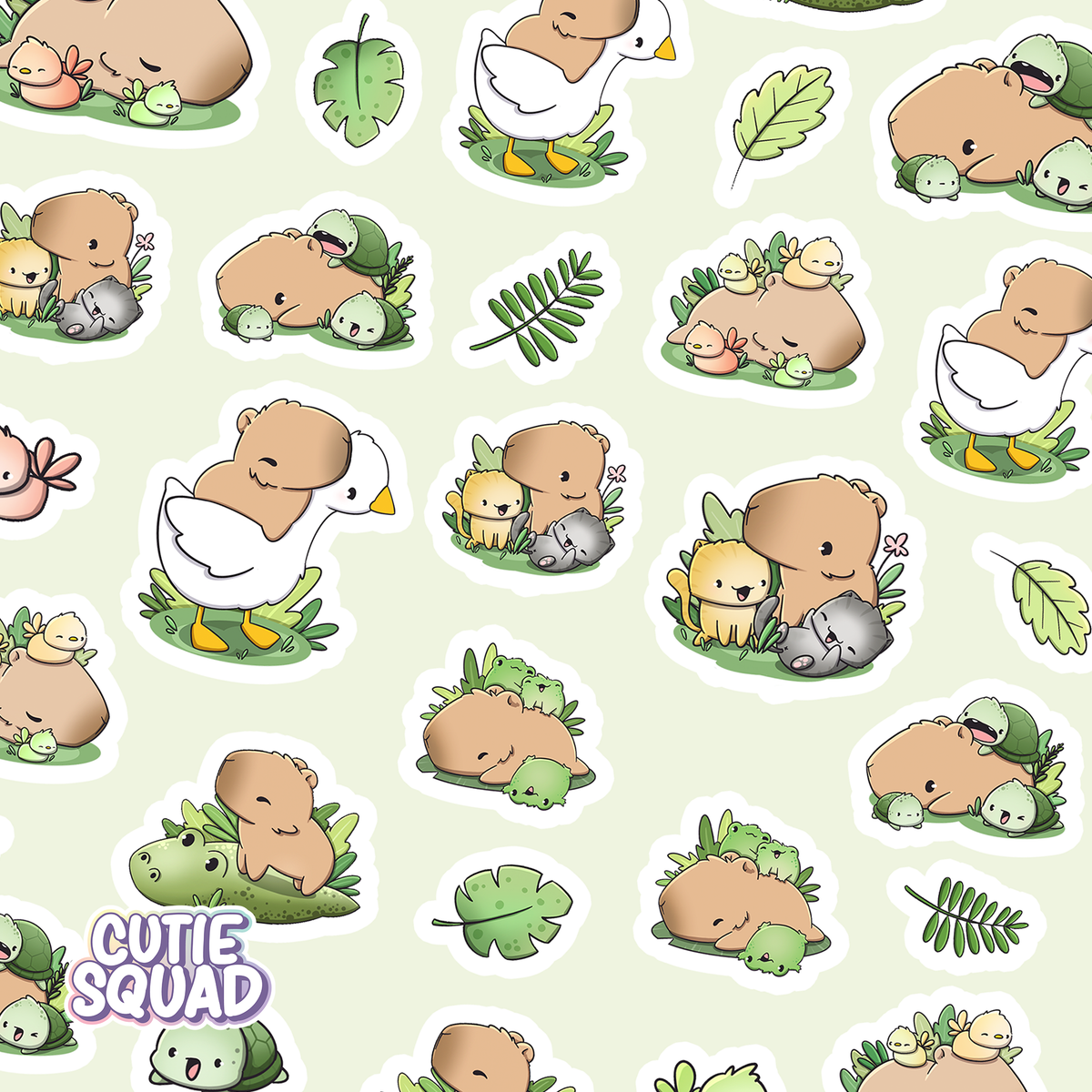 Close-up sticker sheet with capybara friends, duck, fern and leaf icons in white outlines