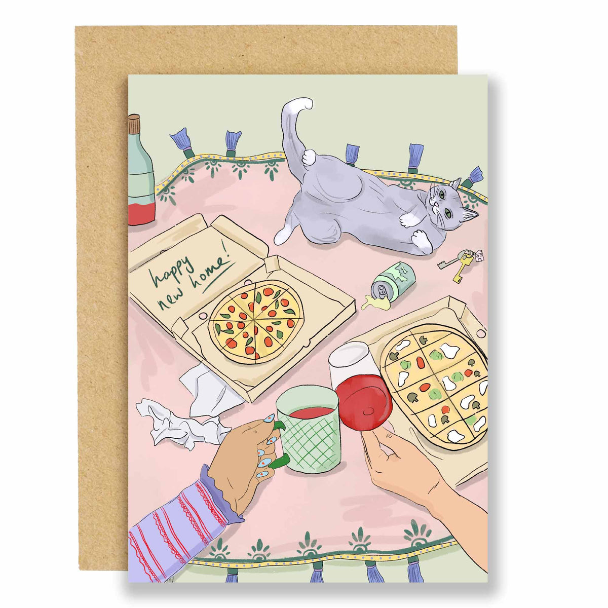 Housewarming card with illustrated hands, pizza slices, and “happy new home” text