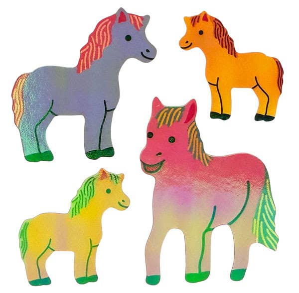 Colorful pony stickers with four cartoon ponies: gray, orange, green, pink