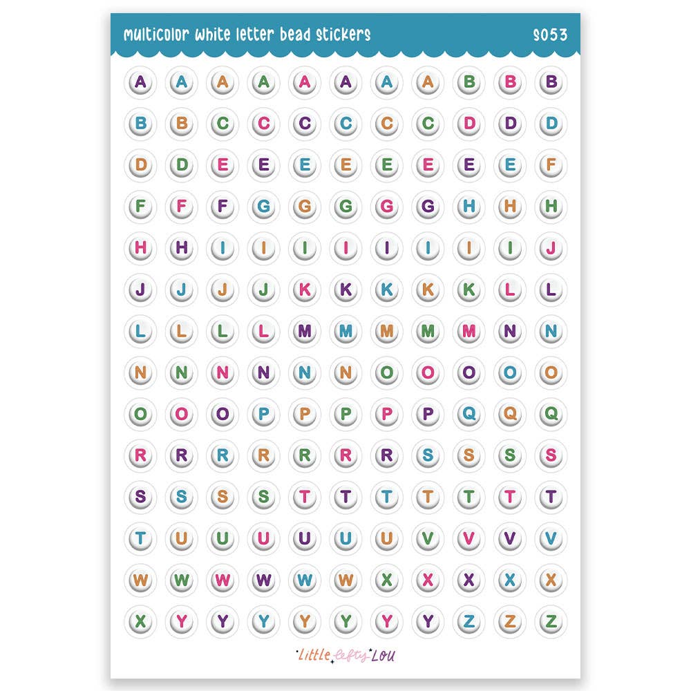 Multicolor letter bead alphabet sticker sheet with bead-style letters and numbers