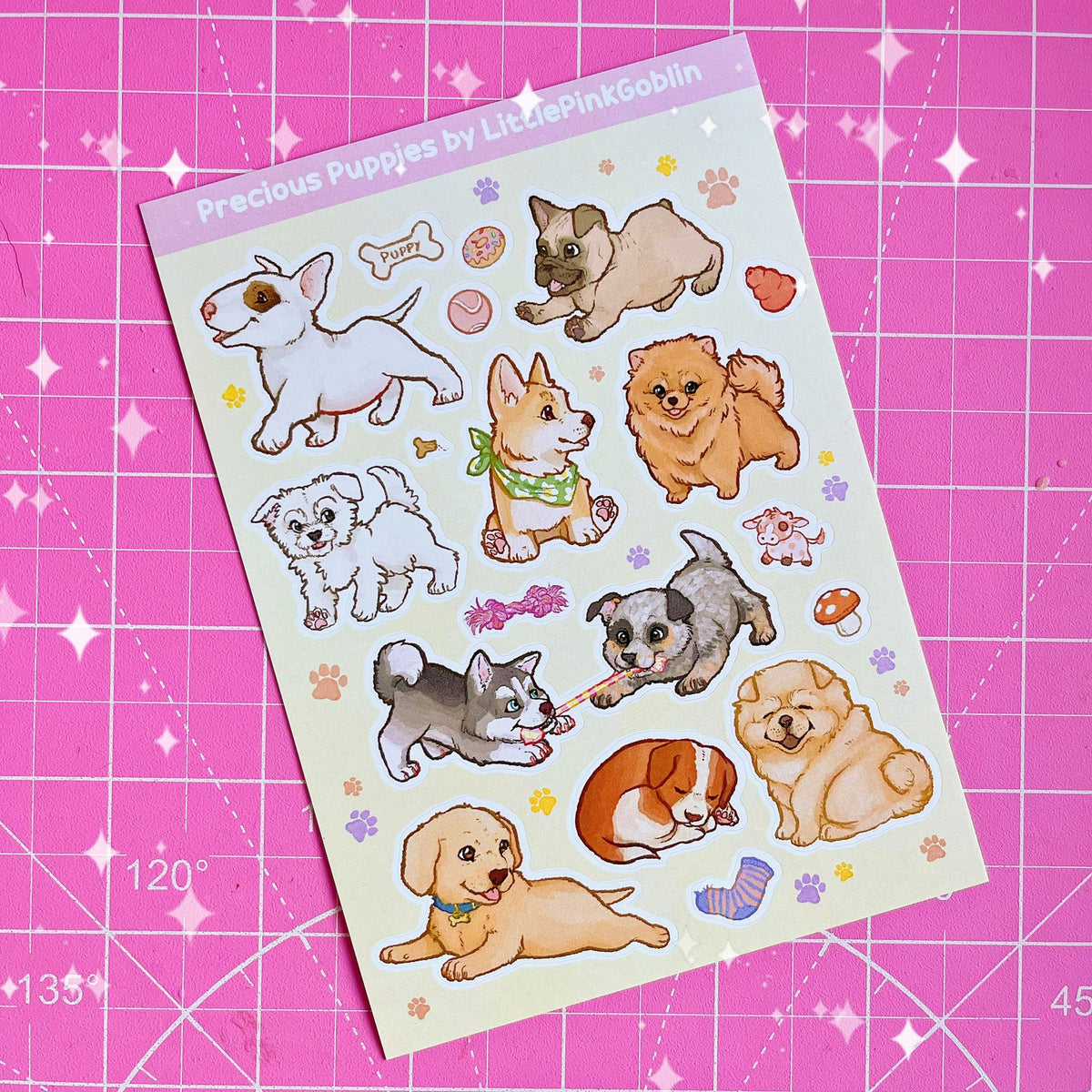 Cute puppy sticker sheet with 10+ cartoon dog stickers in pastel colors