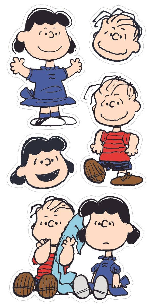 Sticker sheet featuring Lucy and Linus character cutout stickers with white borders