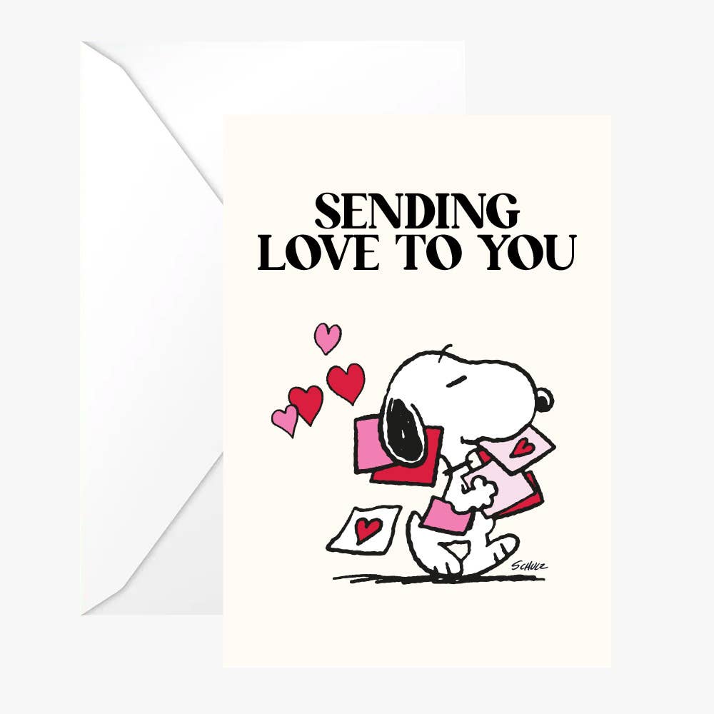 Double Snoopy love card with white envelope, “Sending love to you” and hearts
