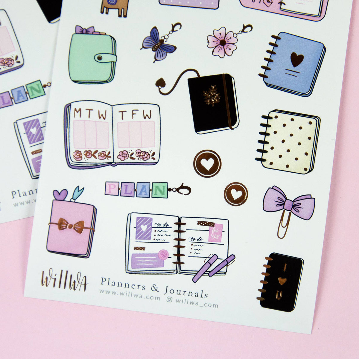 Planner sticker sheet with colorful notebooks, hearts, bows, and calendar-style blocks