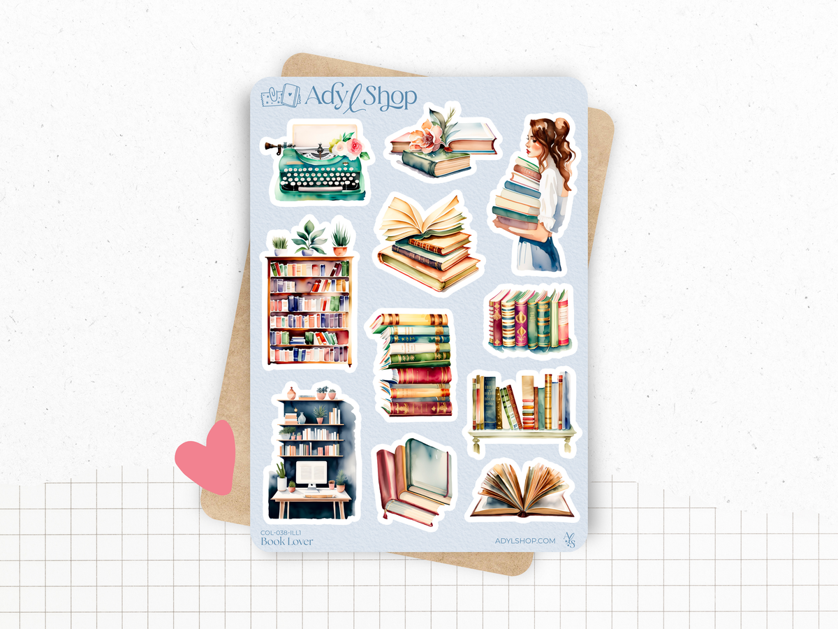 Book lover sticker sheet with books, shelves, and a reading woman illustration