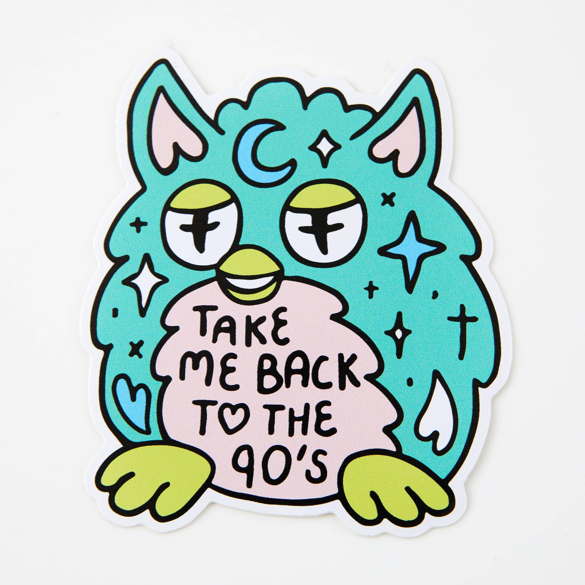 Teal cartoon vinyl sticker creature with big eyes and tail; reads “Take me back to the 90’s”