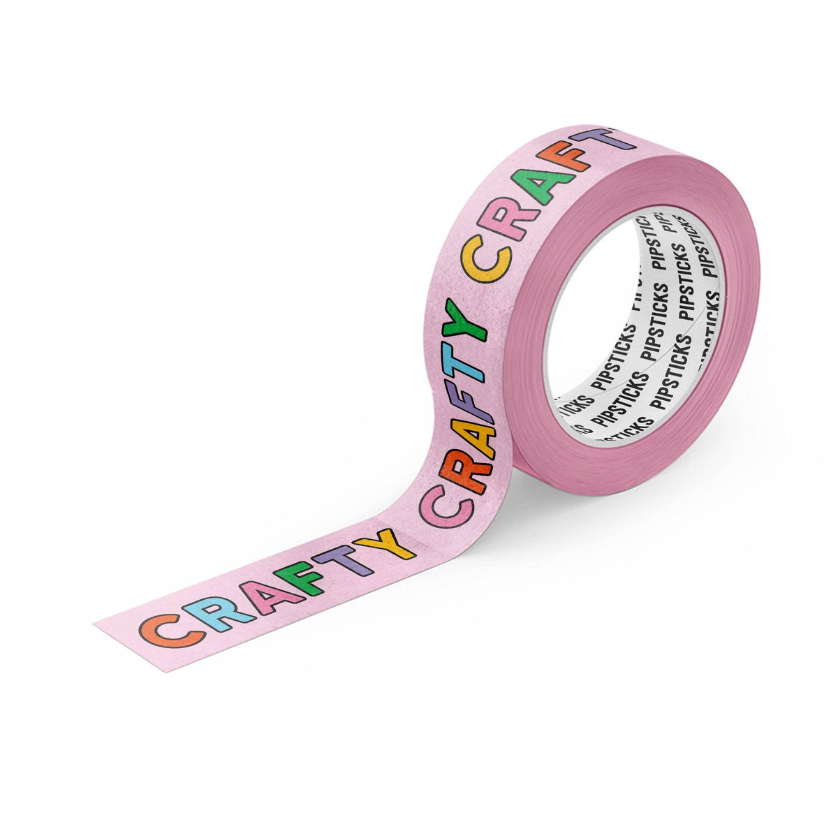 Washi tape roll, light pink with colorful “CRAFTY” text print around the edge