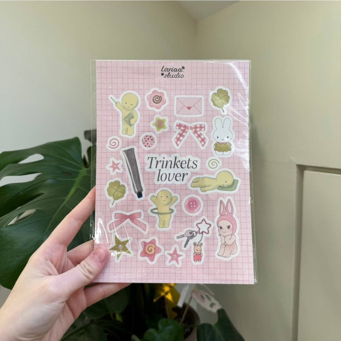 A5 clear sticker pack with pastel bunny and character designs, envelope and stars