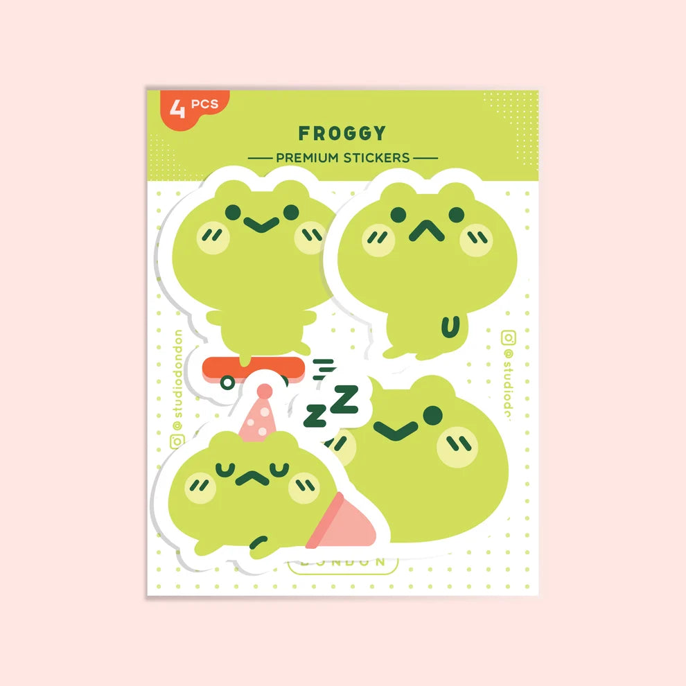 Froggy vinyl sticker pack with 4 cute green frog designs