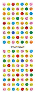 Mini hologram smiley sticker sheet with many small colorful circular face decals