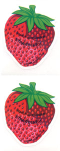 Strawberry scratch-and-sniff sticker with red berries and green leaves, white backing
