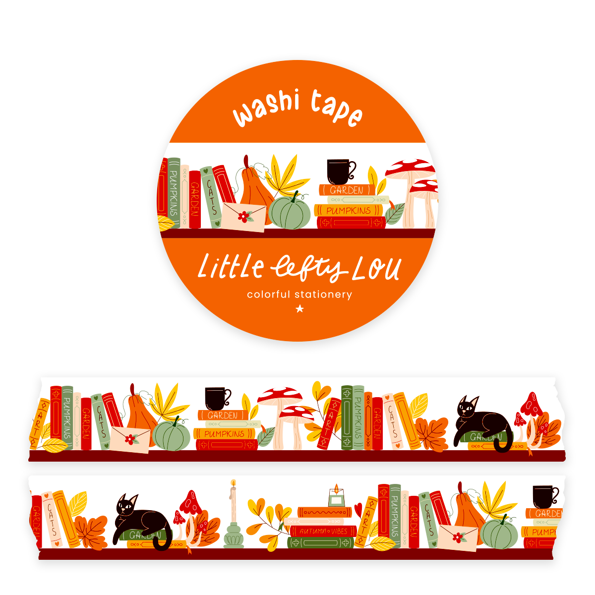 Fall-themed washi tape roll with books, pumpkins, leaves, and cat icons