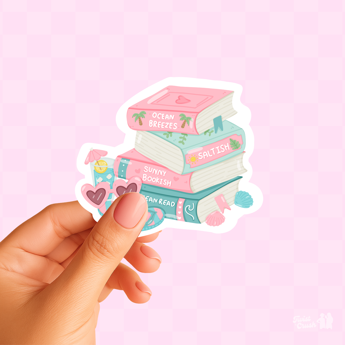 Book-themed sticker pack with stacked pastel book icons held in a hand