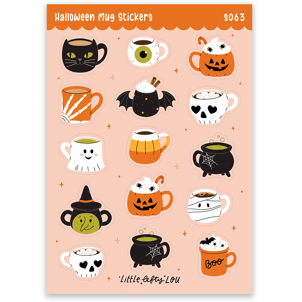 Halloween mug sticker sheet with cartoon cat, pumpkin, witch, and spooky teacups.