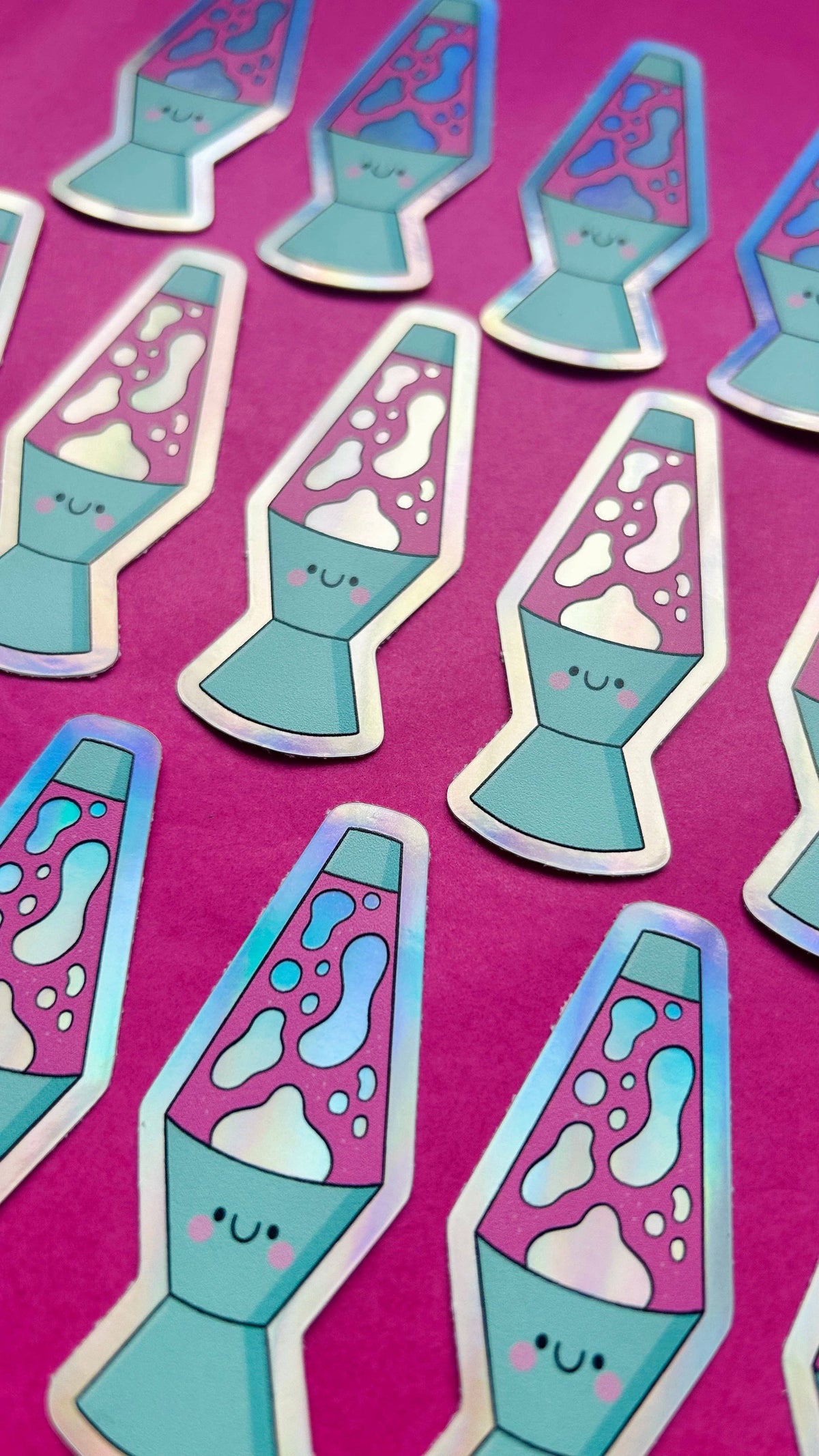 Holographic lava lamp vinyl stickers, multiple teal bottles with purple lava and smiley faces