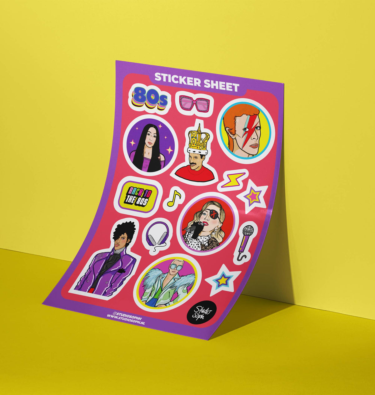 80s icon sticker sheet angled view with circular portraits, lightning, and stars