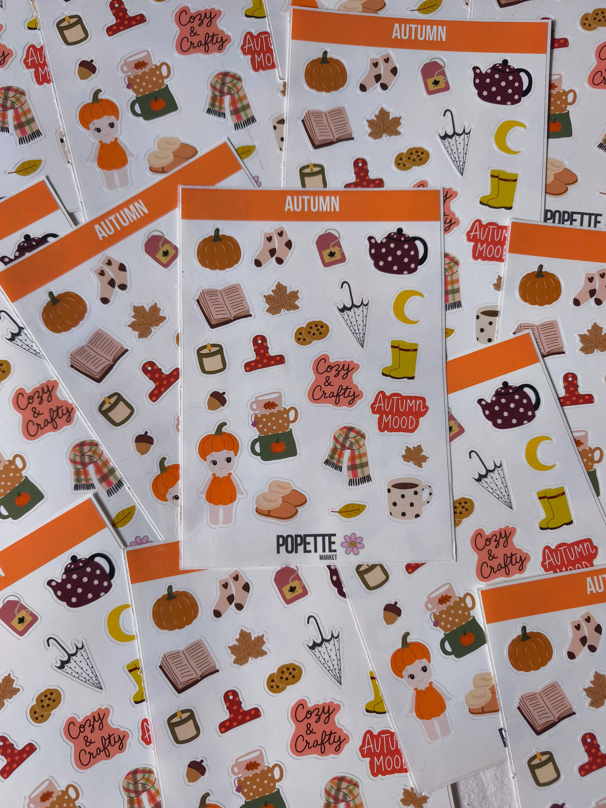 Set of A5 autumn sticker sheets with assorted autumn icons, teapot, pumpkin and moon