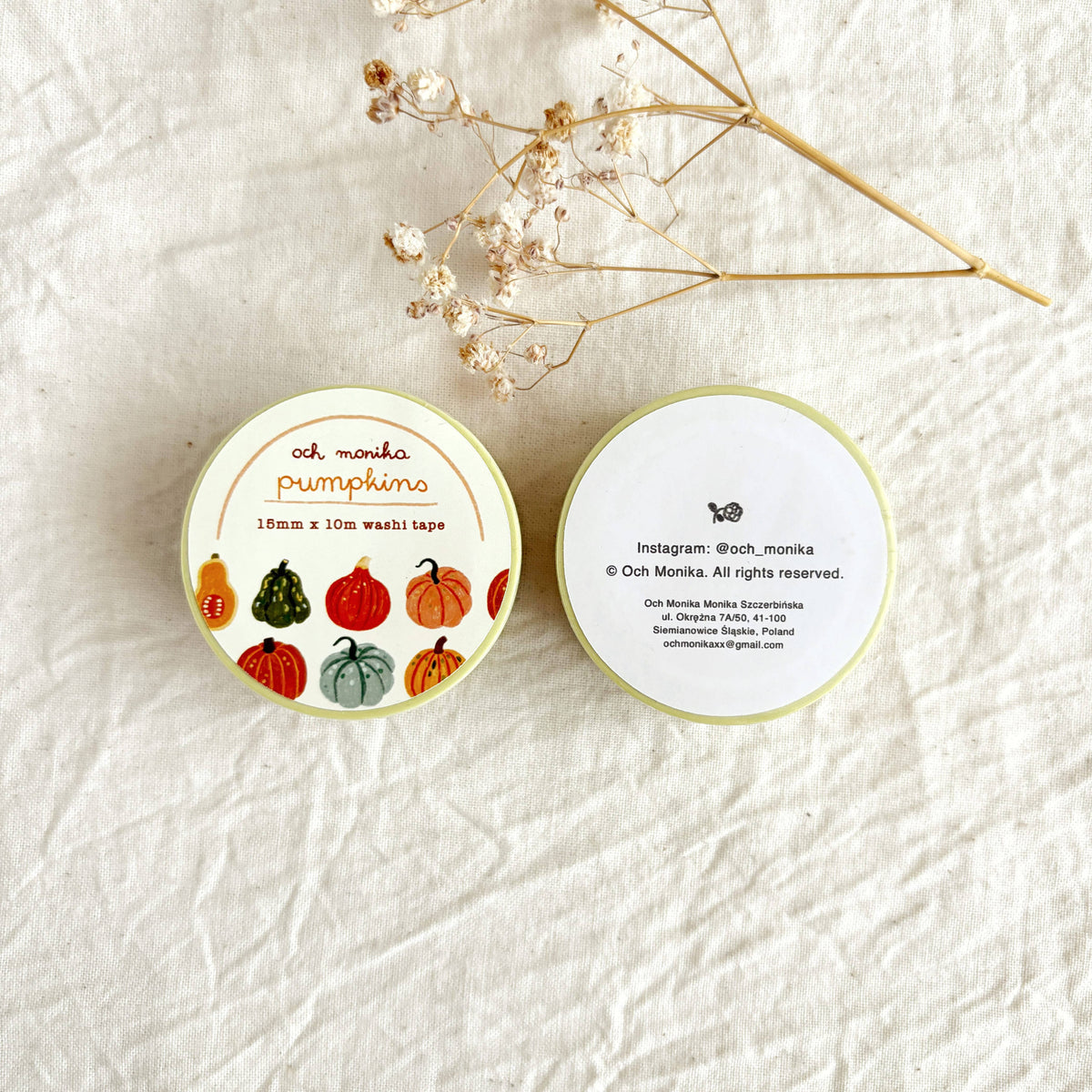 Decorative washi tape rolls featuring pumpkin and veggie illustrations on white tape