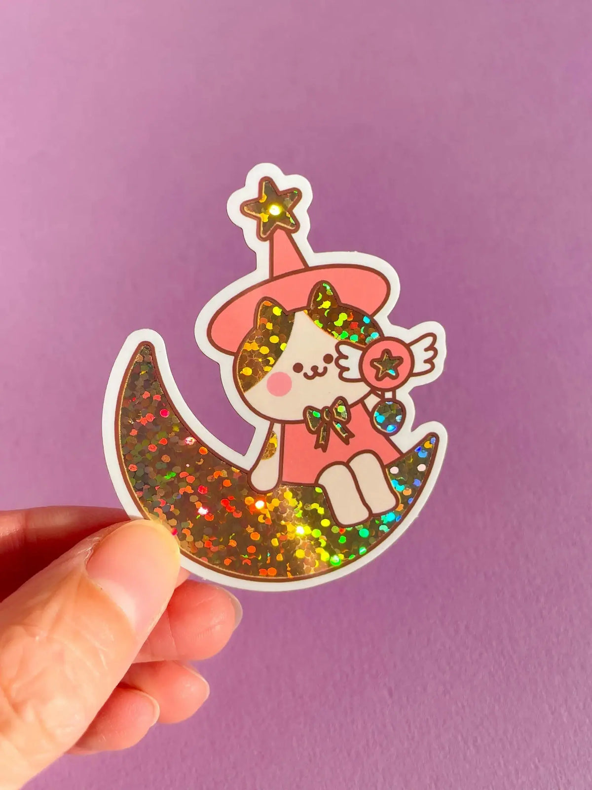 Glitter vinyl cat-on-the-moon sticker, smiling cat on crescent moon with stars