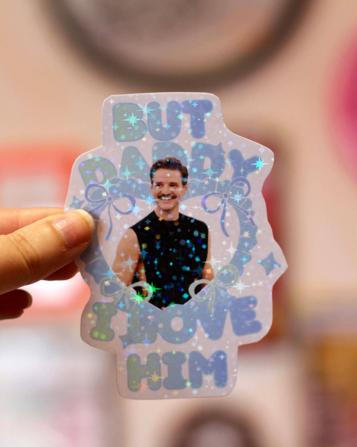 Clear blue sticker featuring a man portrait, sparkles, and “DADDY I LOVE HIM” text