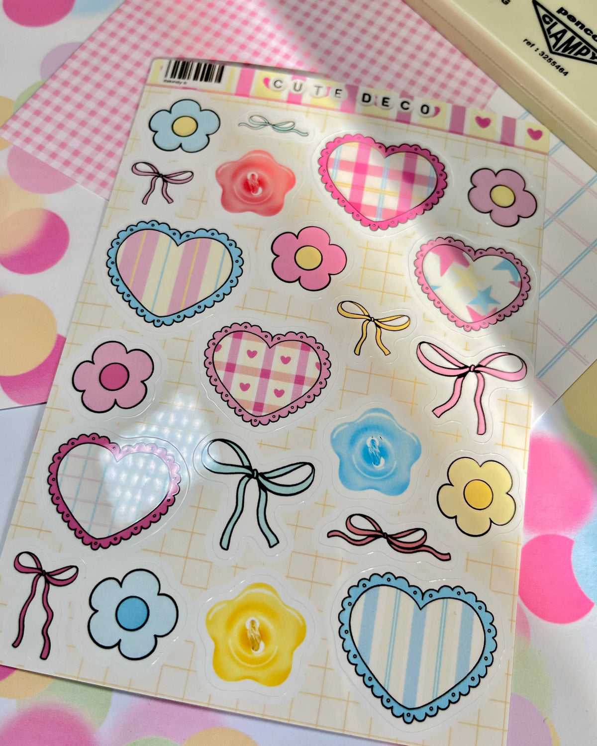 Cute Deco sticker sheet with plaid heart, blue heart, flower, and bow stickers
