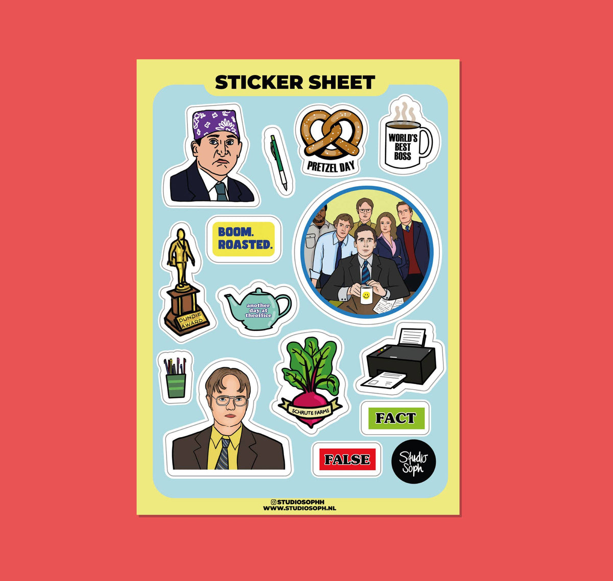 A5 sticker sheet with characters, speech bubbles, pretzel ban emblem, and fact/false stickers