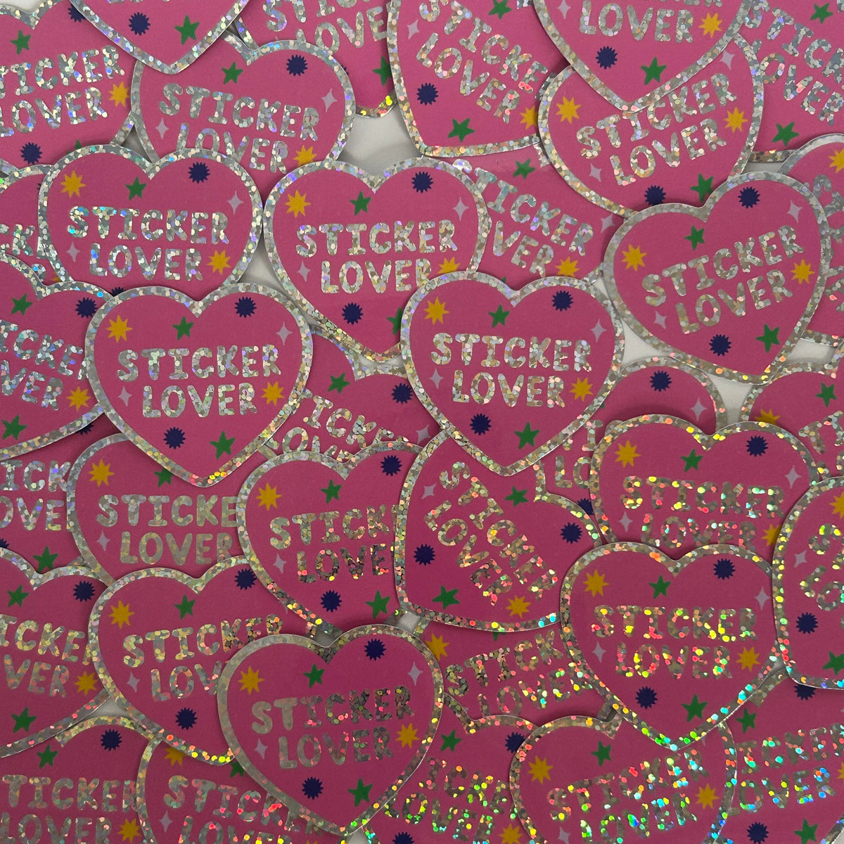 Sheet of heart stickers, glitter borders, purple 'STICKER LOVER' text