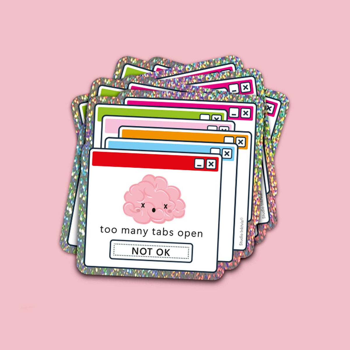 Glitter sticker set with stacked window icons, pink cloud, and text 'too many tabs open'