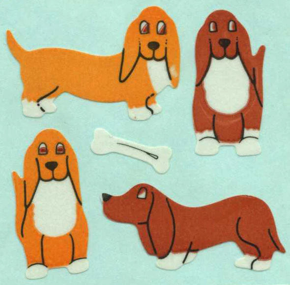 Basset hound sticker roll with paper-finish dog designs and bone shapes