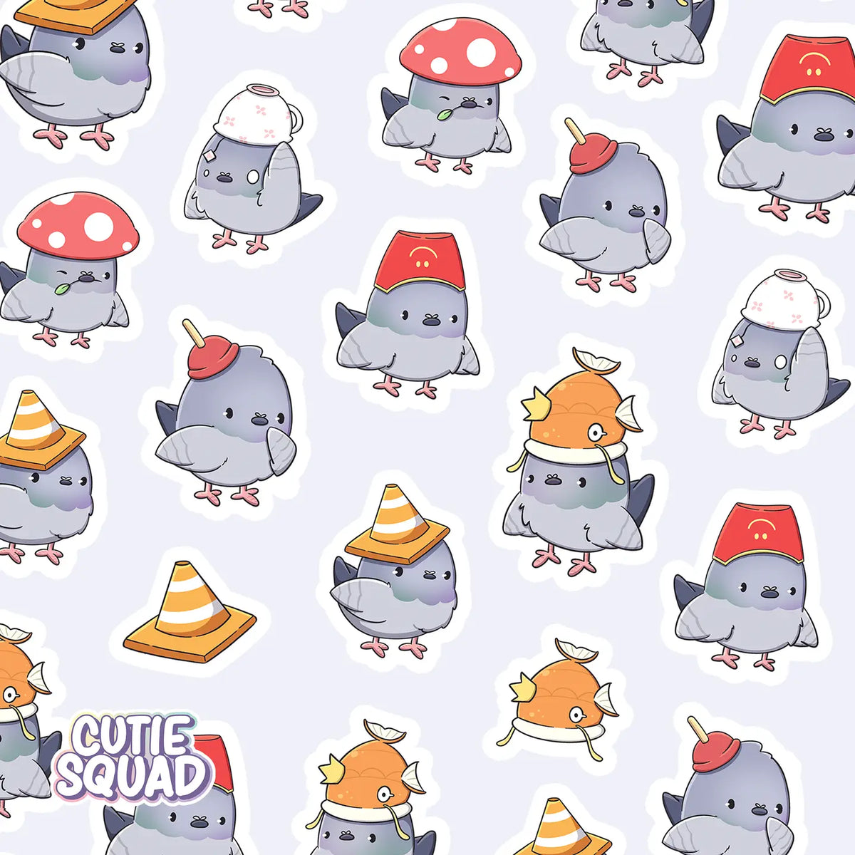 Vinyl sticker sheet close-up of cartoon pigeons with red, orange, and white hats