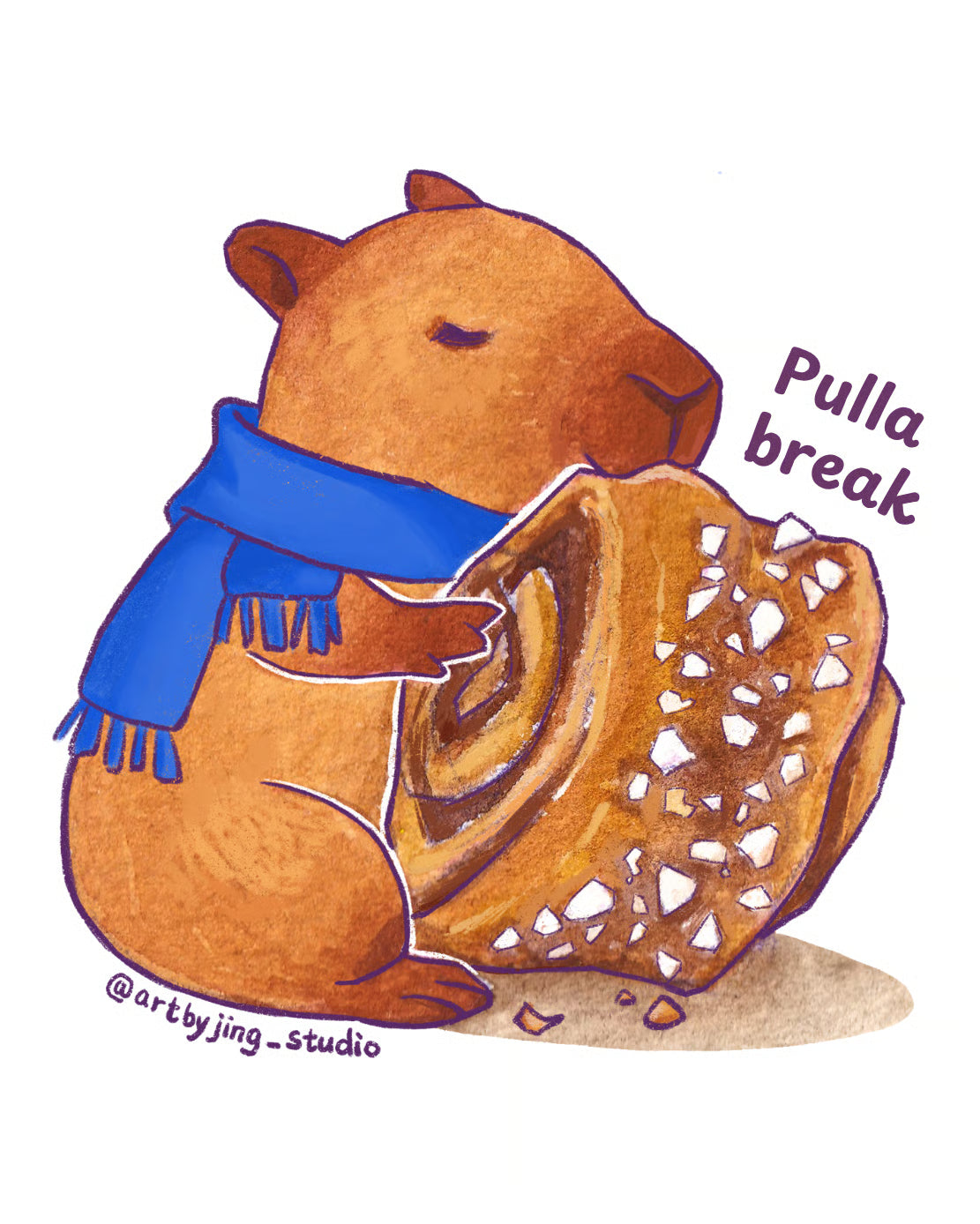 Vinyl sticker: cartoon bear with blue scarf holding bread roll, text Pulla Break