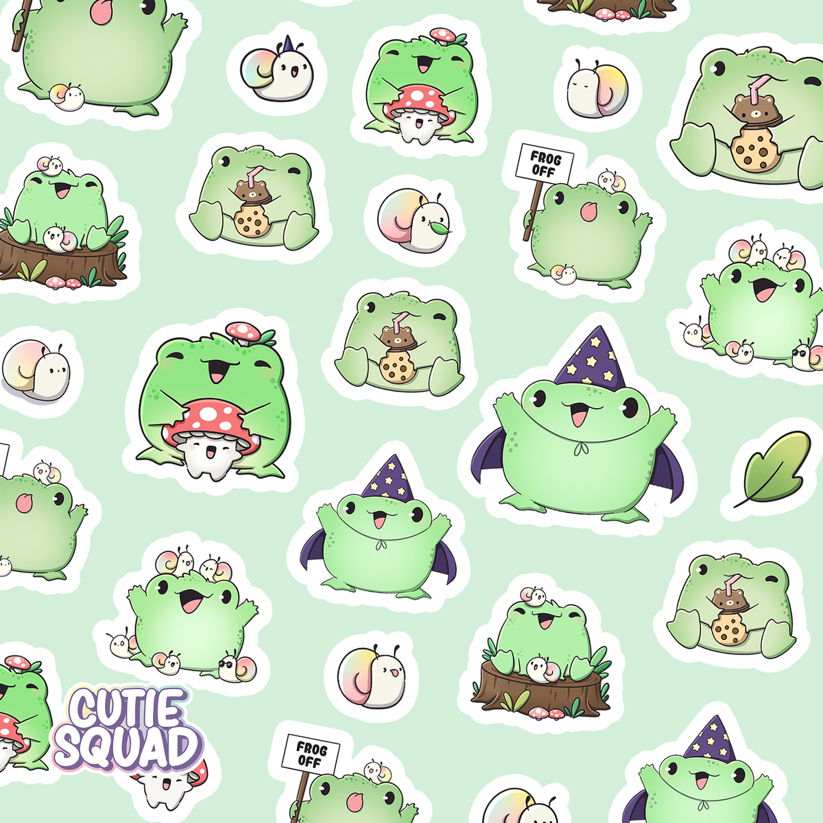 Vinyl sticker sheet close-up with many green frog character stickers in different outfits and poses