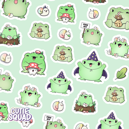 Vinyl sticker sheet close-up with many green frog character stickers in different outfits and poses