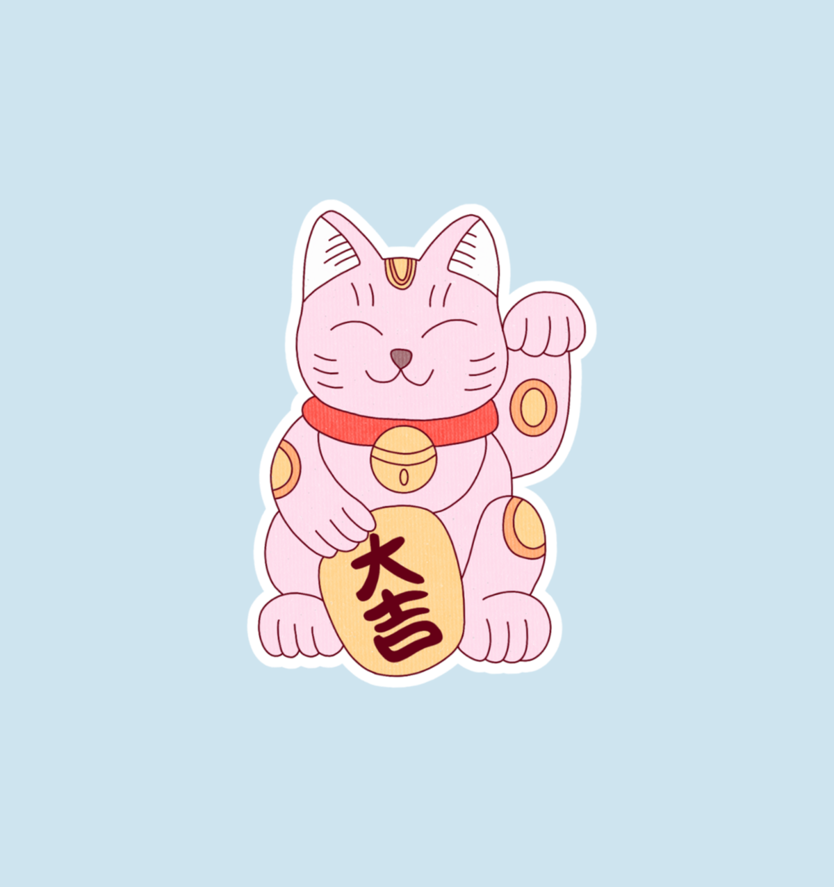 Holographic lucky cat sticker, pink waving cat with gold coin accents