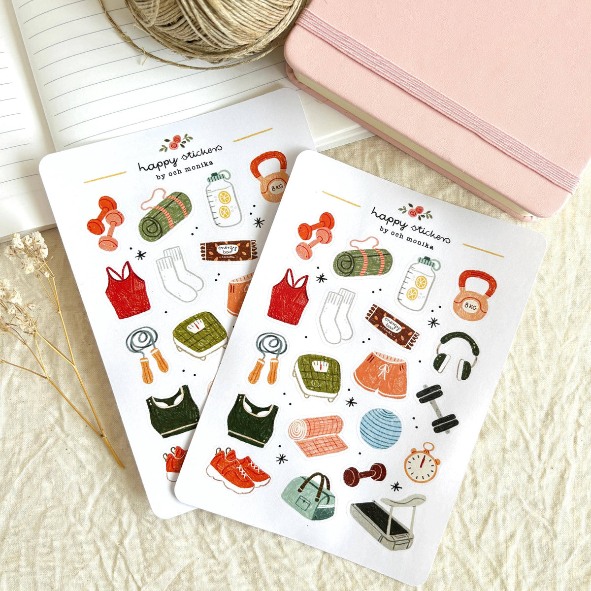 Fitness sticker sheet set with workout outfits, shoes, weights, and gym accessories