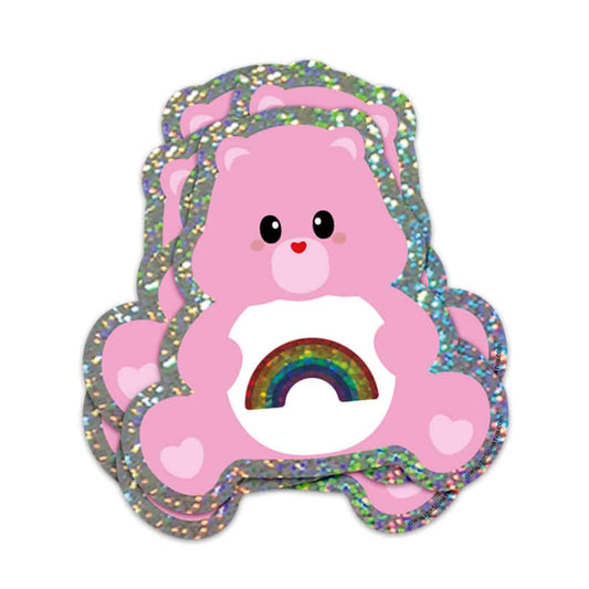 Glitter vinyl sticker of a pink care bear holding a rainbow, with sparkly border