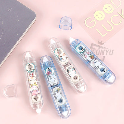 Correction tape and glue tape set with three clear blue dispensers and heart-shaped caps.