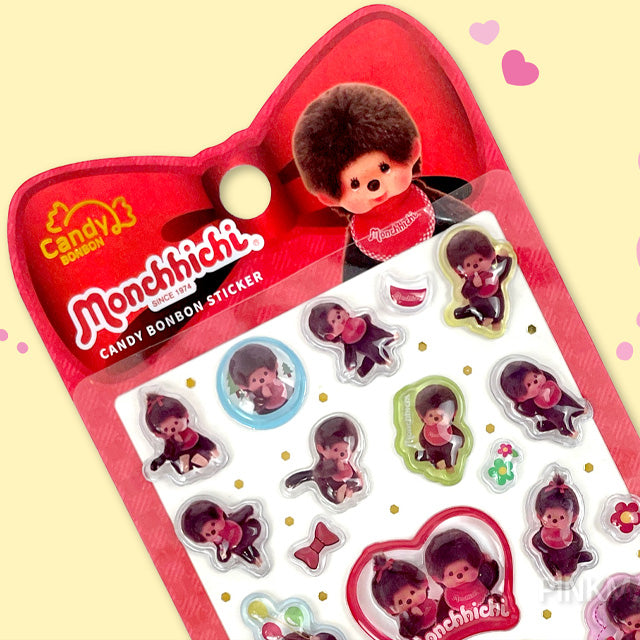 Red 3D sticker sheet with Monchhichi character stickers and candy graphics