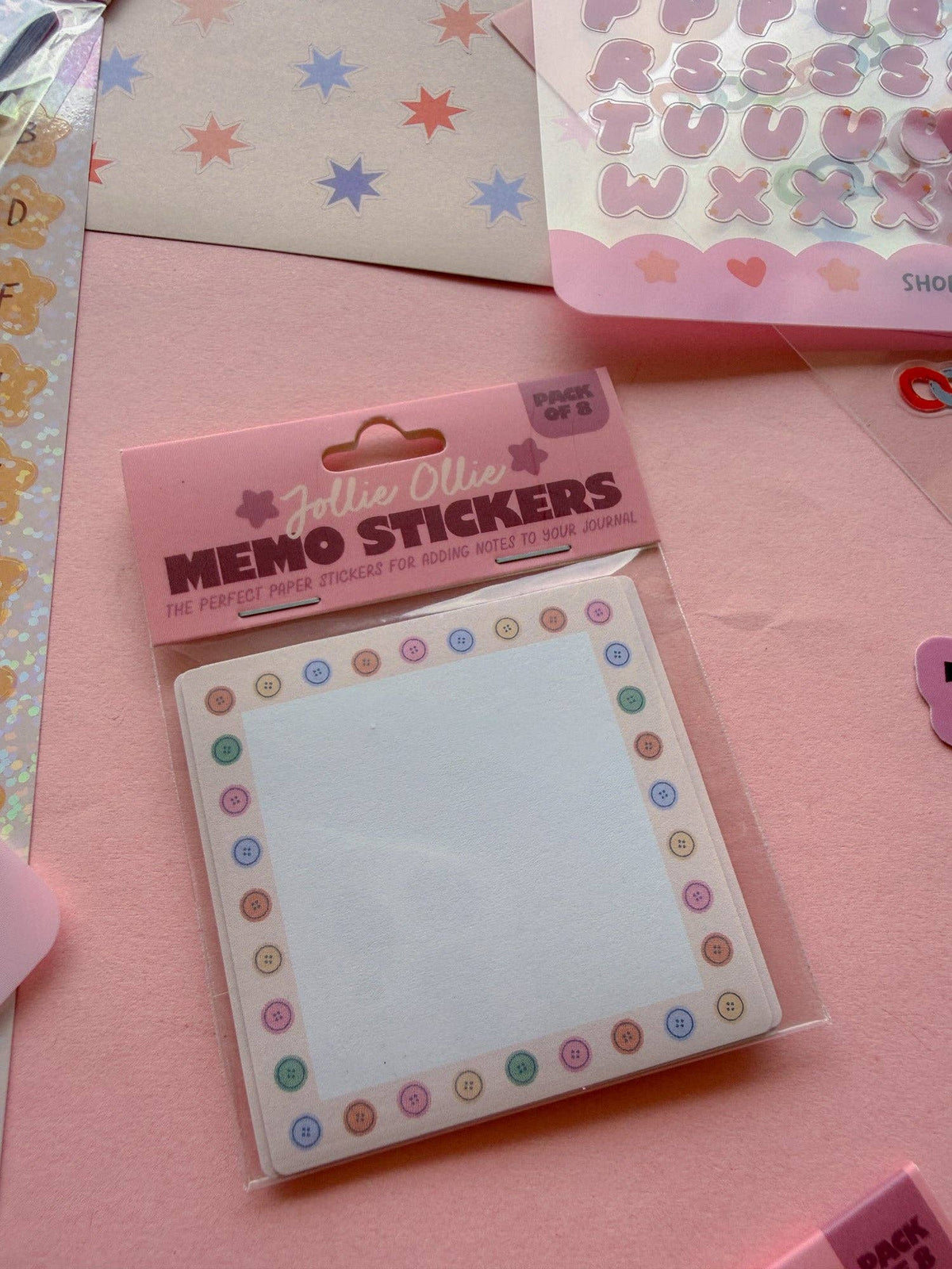 Memo sticker pack with square sticky notes and multicolor dotted frame