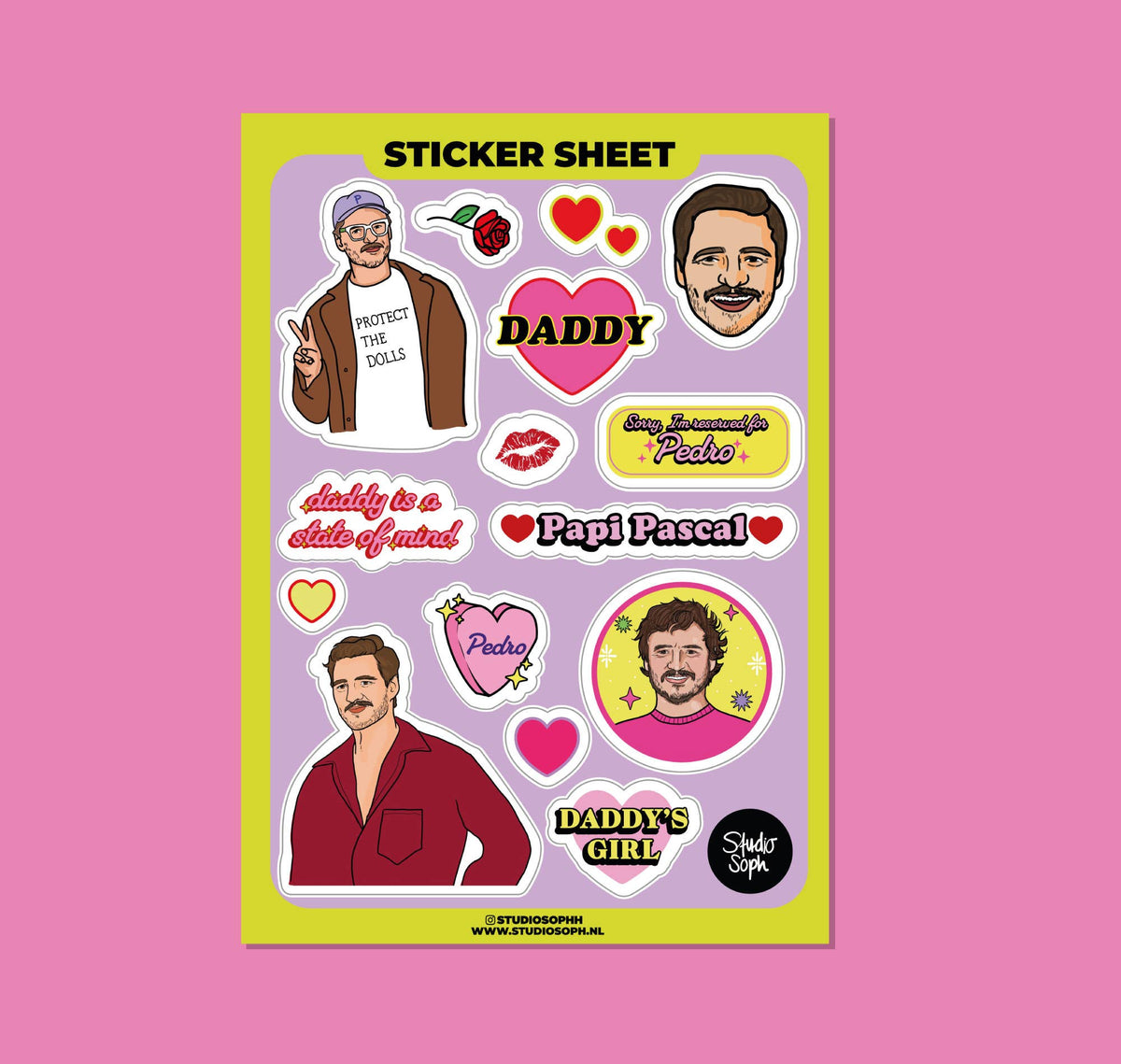 A5 sticker sheet with multiple character portraits, hearts, and decorative logo stickers