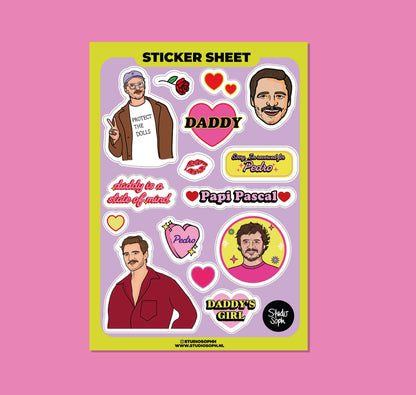 A5 sticker sheet with multiple character portraits, hearts, and decorative logo stickers