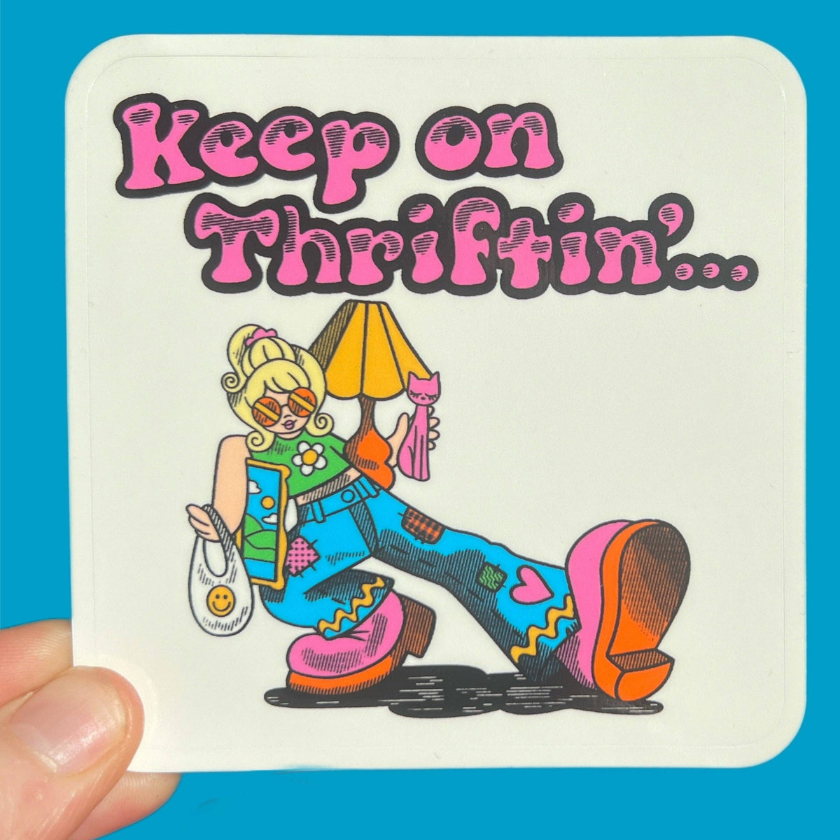 3-inch rectangular Keep on Thriftnin sticker with colorful cartoon and text