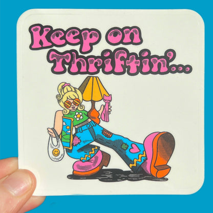 3-inch rectangular Keep on Thriftnin sticker with colorful cartoon and text