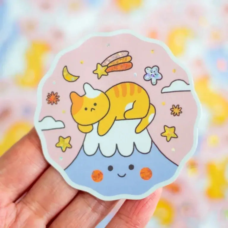 Cute yellow cat sticker with pastel clouds, stars, and crescent moon