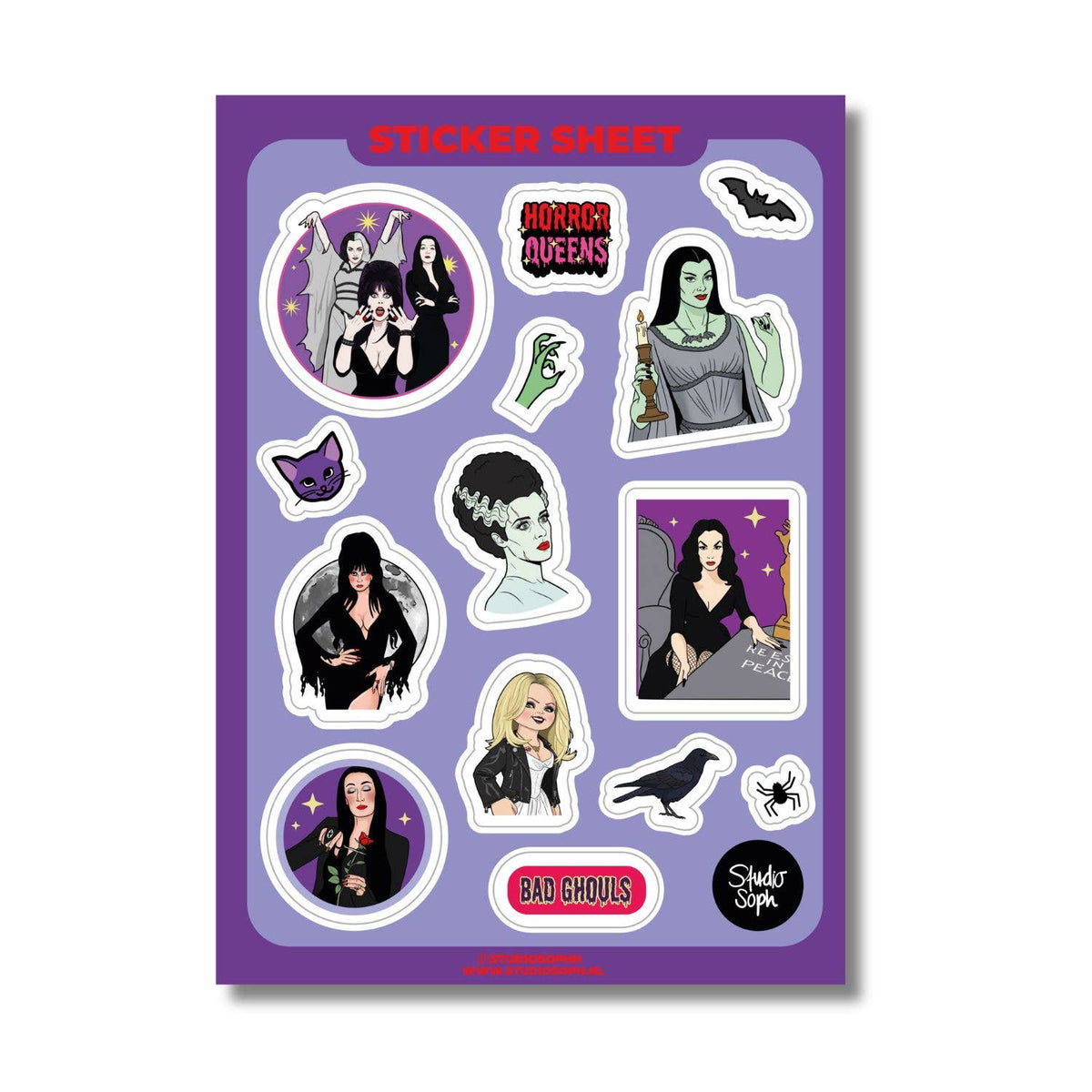 Purple A5 sticker sheet with Horror Queens character stickers and bat icons